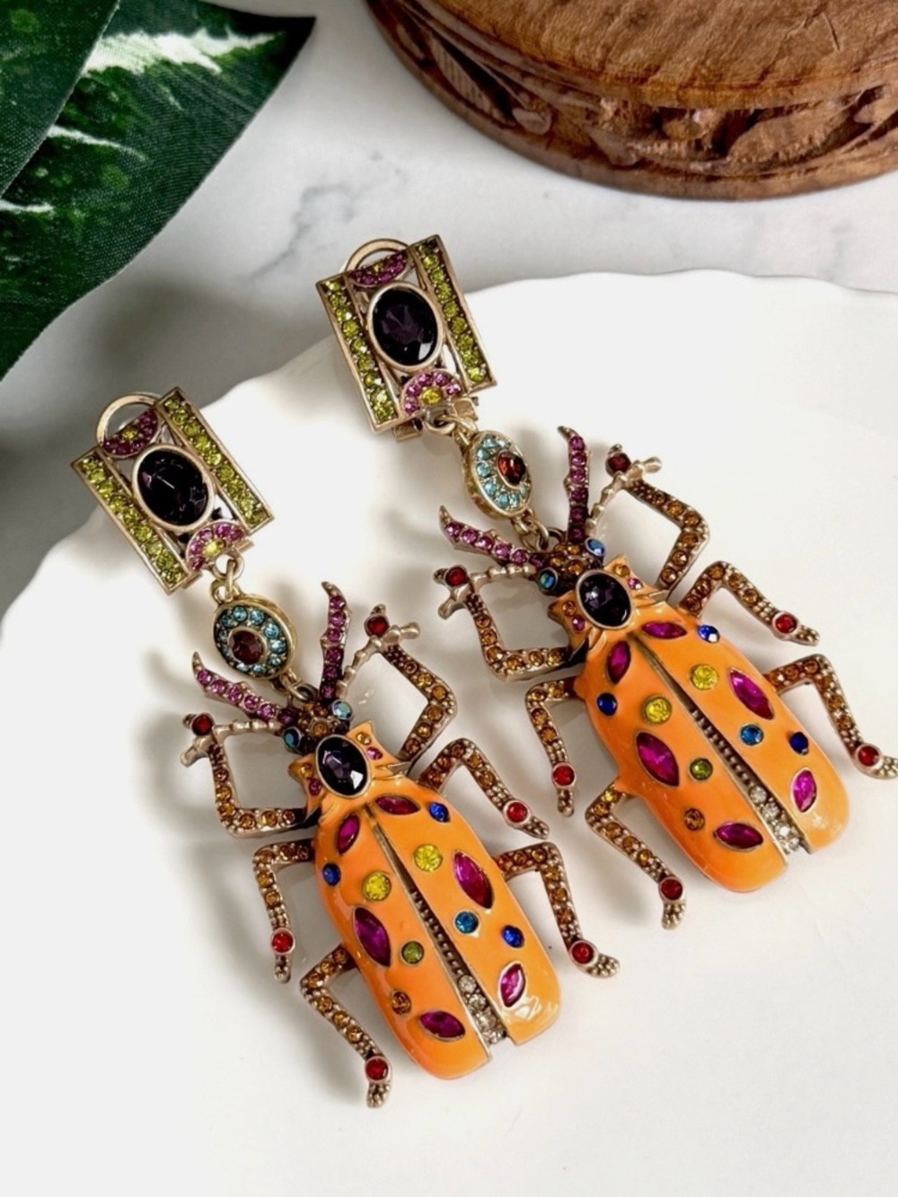 🧡 Orange Unique Crystal Beetle Drop Earrings Designer-Inspired Women’s Jewelry 🧡